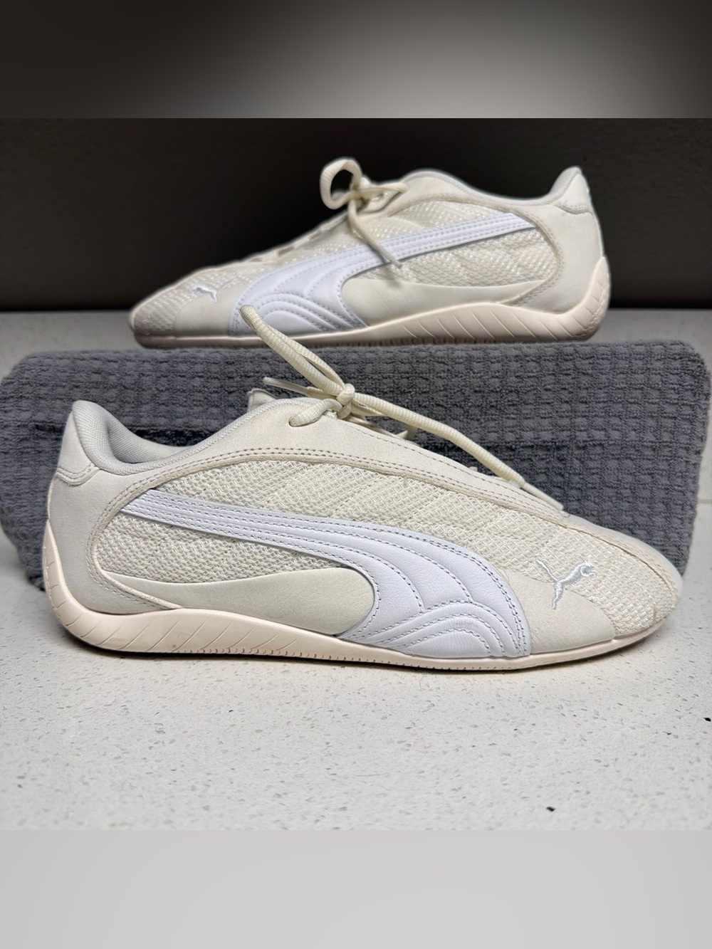 Puma Off-White Mesh and White Leather Low-Top Sneaker